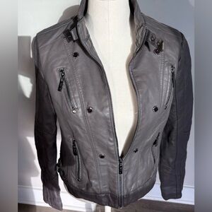 Joujou Faux Leather Biker Style Jacket Floral Lining Women's Med Gray bikercore